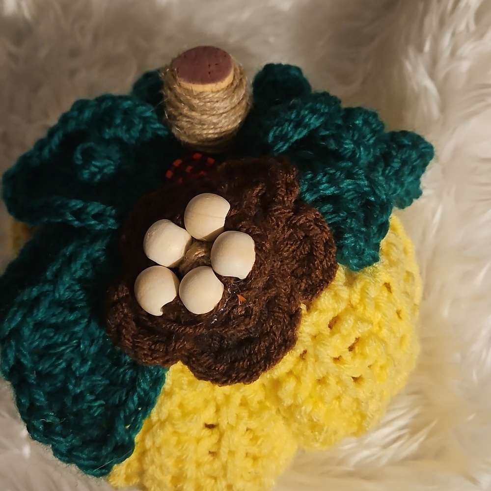 Handmade Crochet Pumpkin Yellow Green  Wooden Bead Flower Upcycled Cork Yute Art
